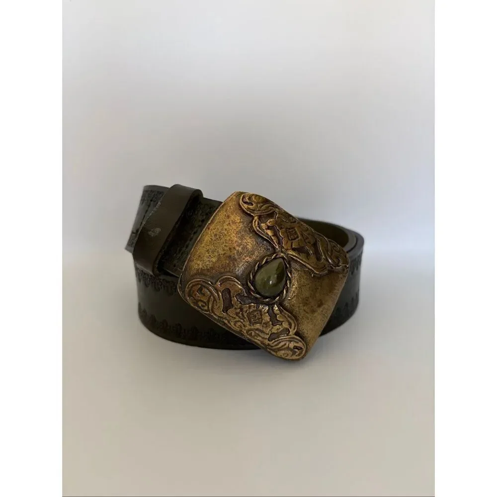 Töpfer Leather Belt with Ornate Jewel Buckle – Deep Dark Green Size 85